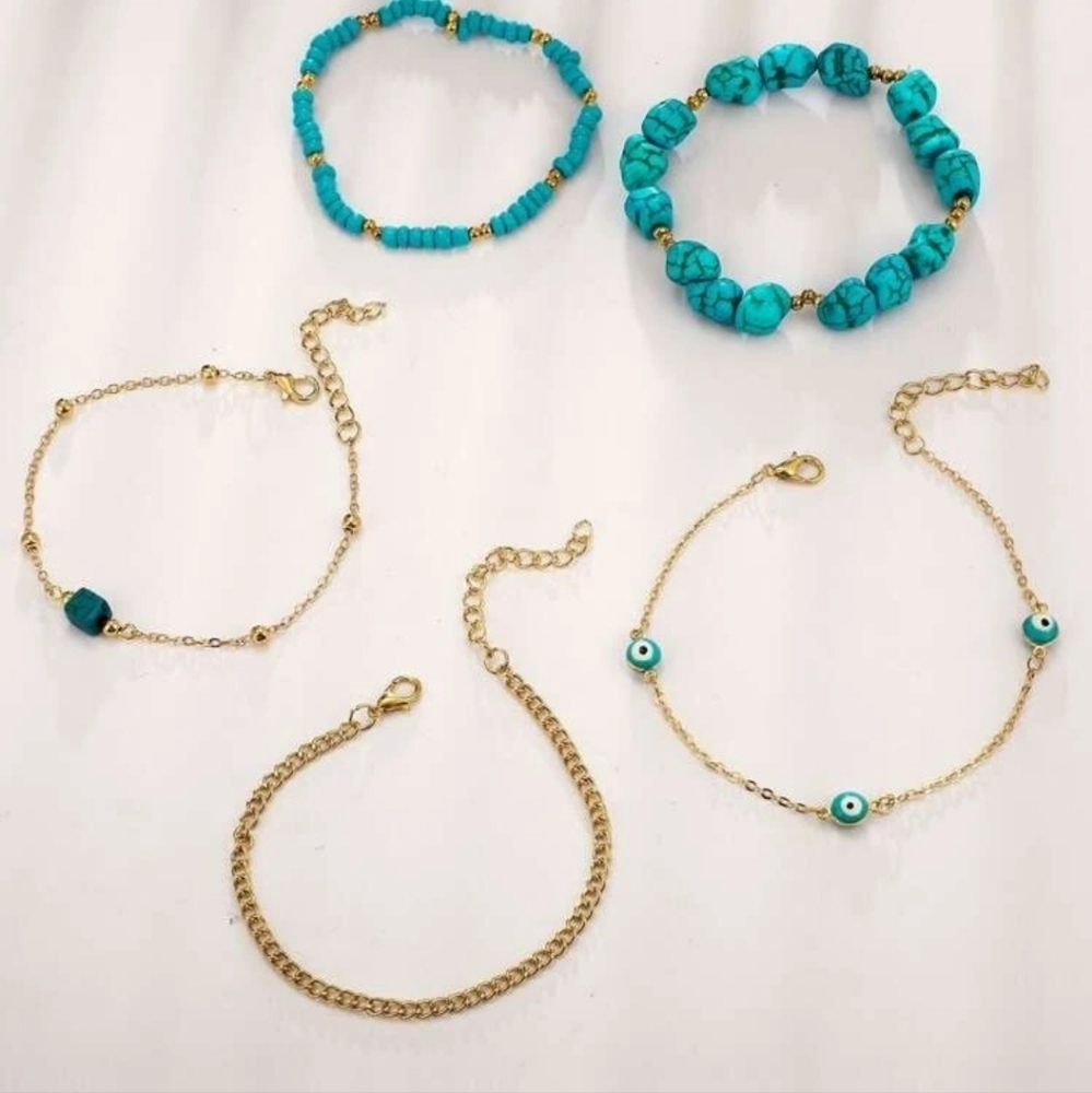 Turquoise Evil Eye 5 Layer Golden Anklet - Picture 2 of 5